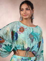 Floral Printed Crepe Crop Top With Lehenga