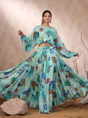 Floral Printed Crepe Crop Top With Lehenga