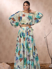 Floral Printed Crepe Crop Top With Lehenga