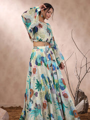 Floral Printed Crepe Crop Top With Lehenga