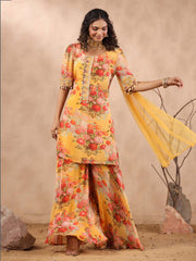 Floral Printed Crepe Stitched Salwar Kameez and Palazzo With Net Dupatta