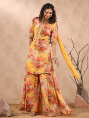 Floral Printed Crepe Stitched Salwar Kameez and Palazzo With Net Dupatta