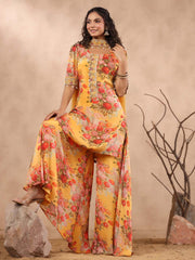 Floral Printed Crepe Stitched Salwar Kameez and Palazzo With Net Dupatta