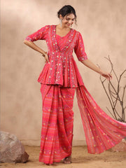 Printed Georgette Pre Draped Saree with Peplum Top