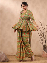 Printed Georgette Pre Draped Saree with Peplum Top