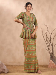 Printed Georgette Pre Draped Saree with Peplum Top