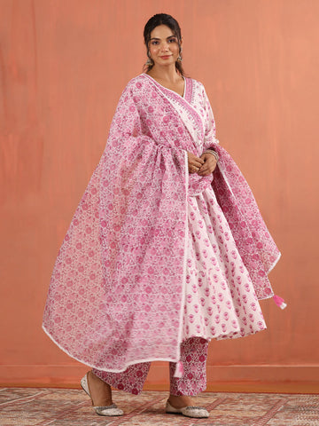 Floral Block Printed Cotton Kurta With Pants & Dupatta