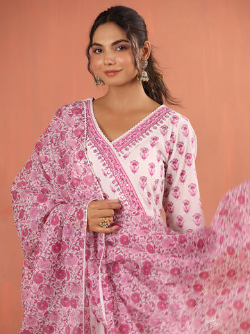 Floral Block Printed Cotton Kurta With Pants & Dupatta