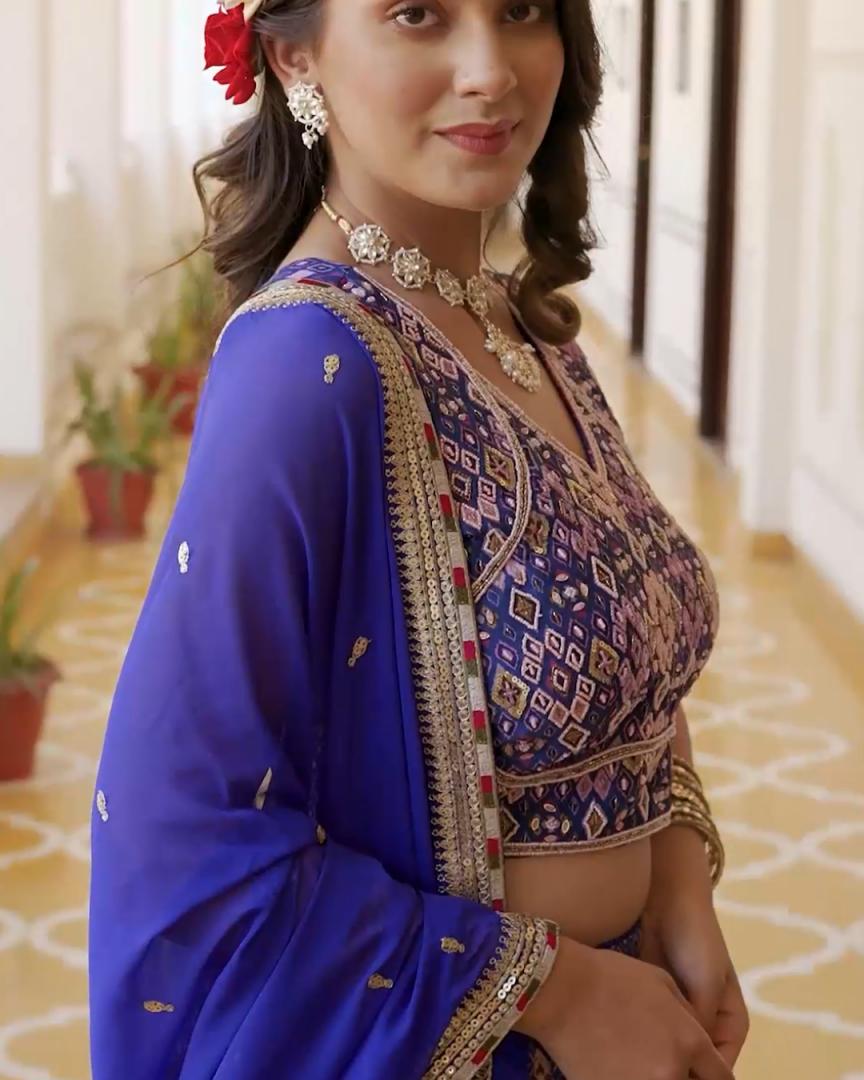 Printed Organza Choli With Lehenga &amp; Dupatta