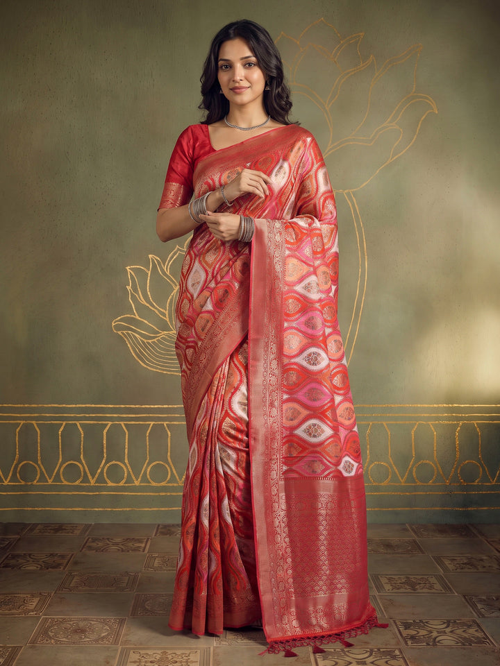 Hot Pink Satin Woven Saree