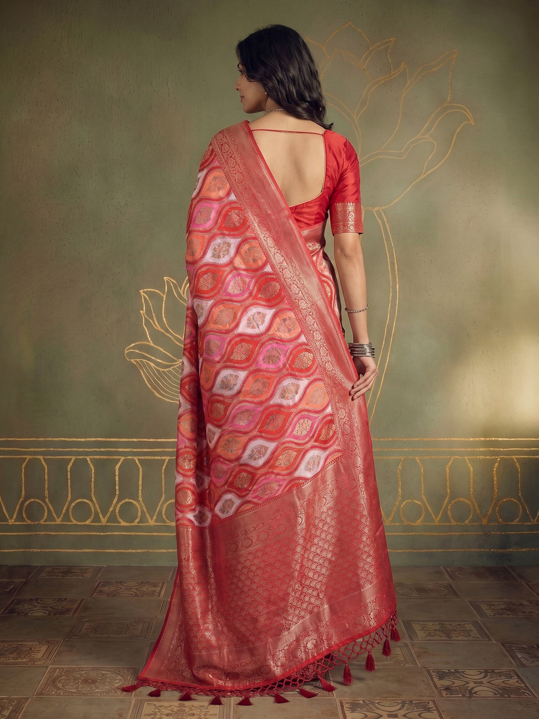Hot Pink Satin Woven Saree