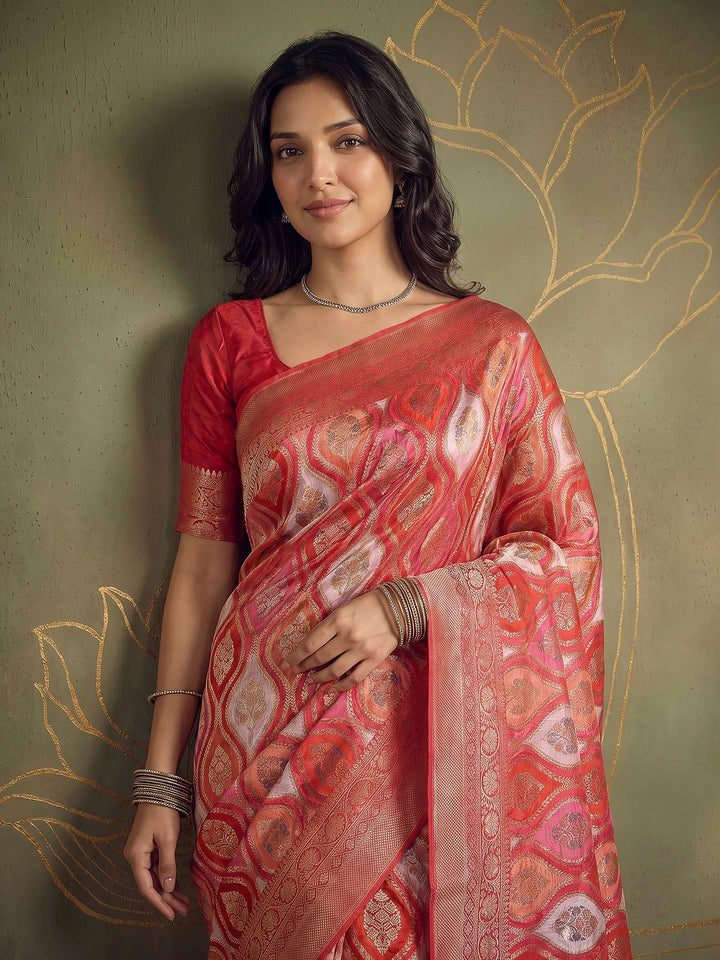 Hot Pink Satin Woven Saree
