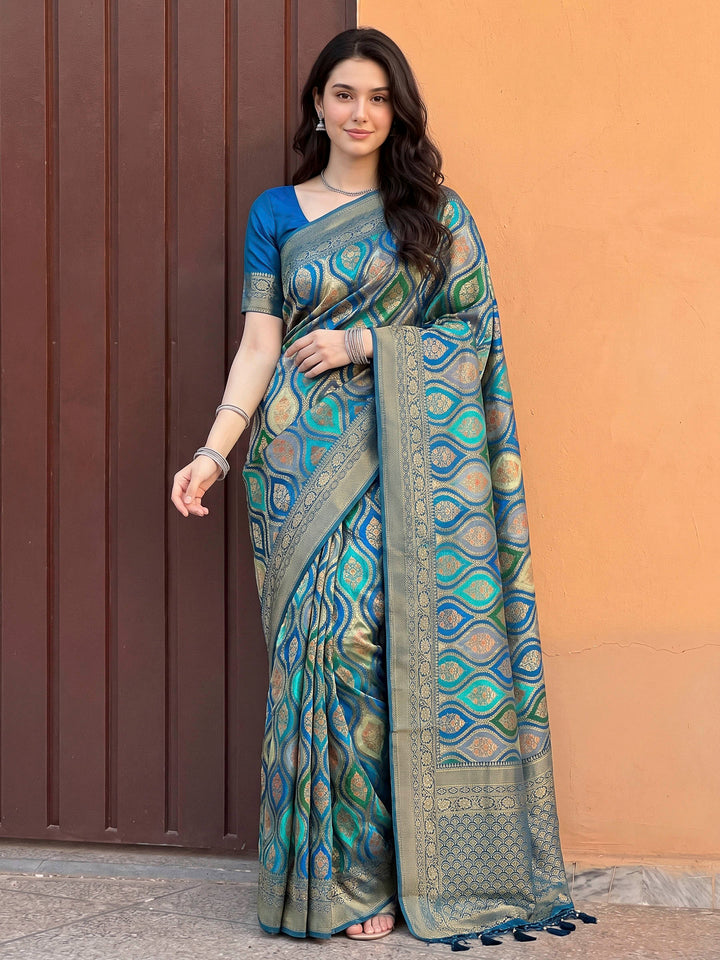 Lake Blue Satin Woven Saree