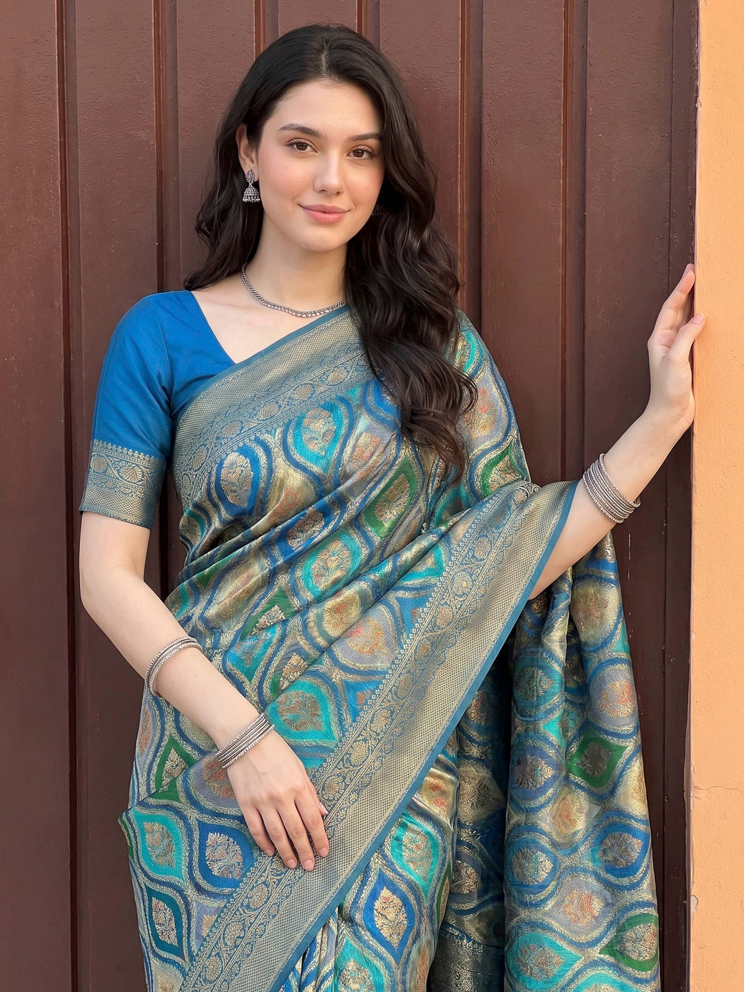 Lake Blue Satin Woven Saree
