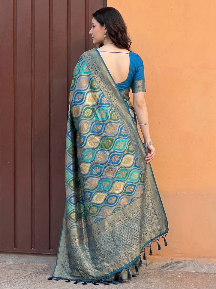 Lake Blue Satin Woven Saree