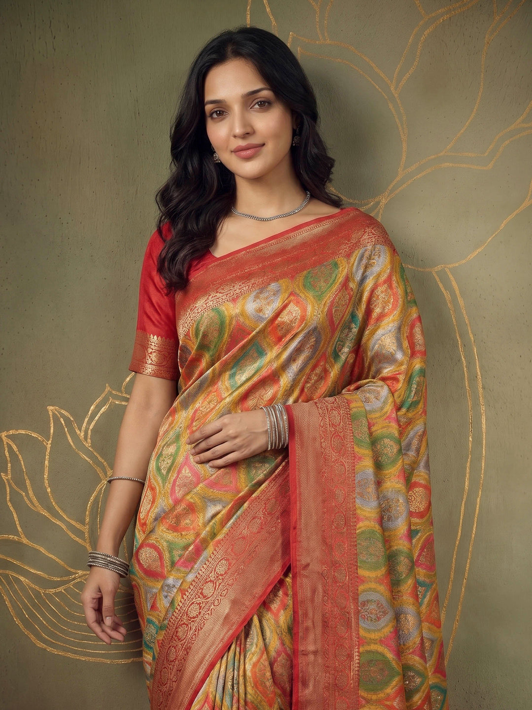 Mehndi Satin Woven Saree