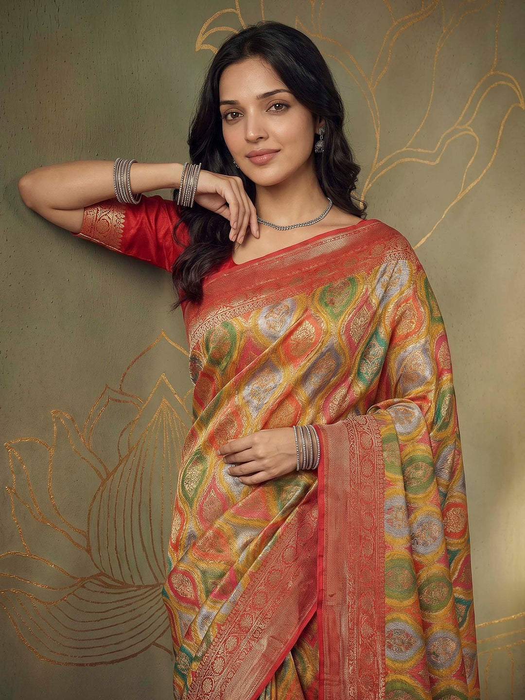 Mehndi Satin Woven Saree