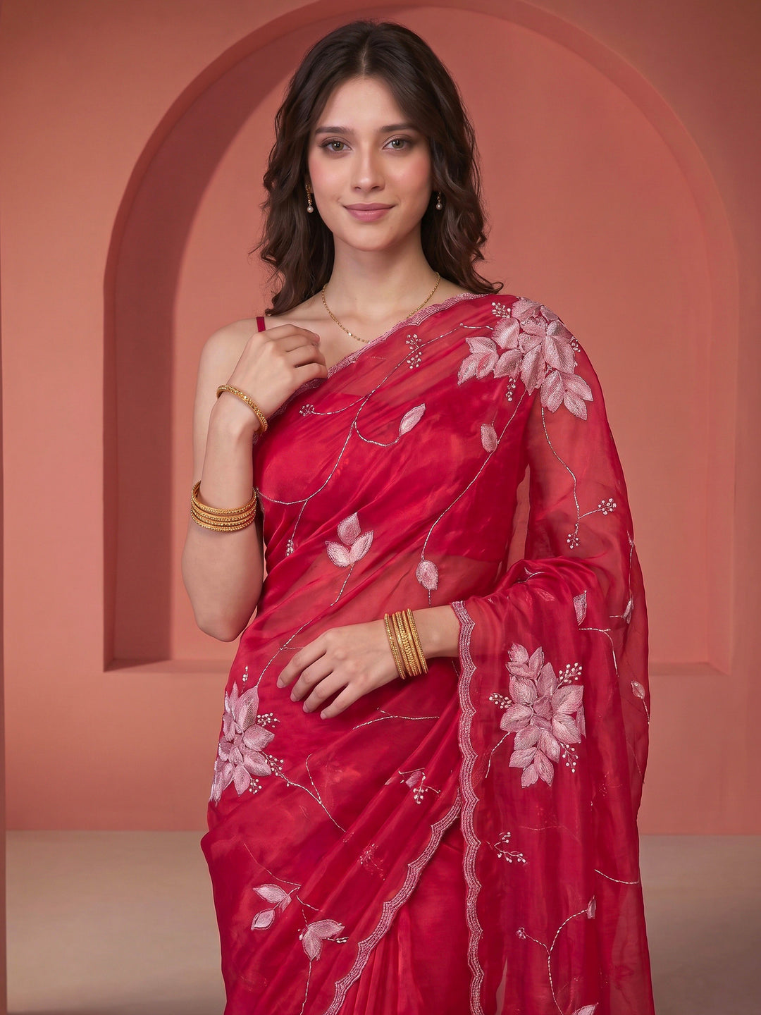 Rani Tissue Embroidered Saree