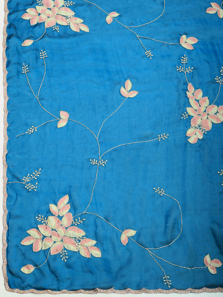 Teal-Blue Tissue Embroidered Saree