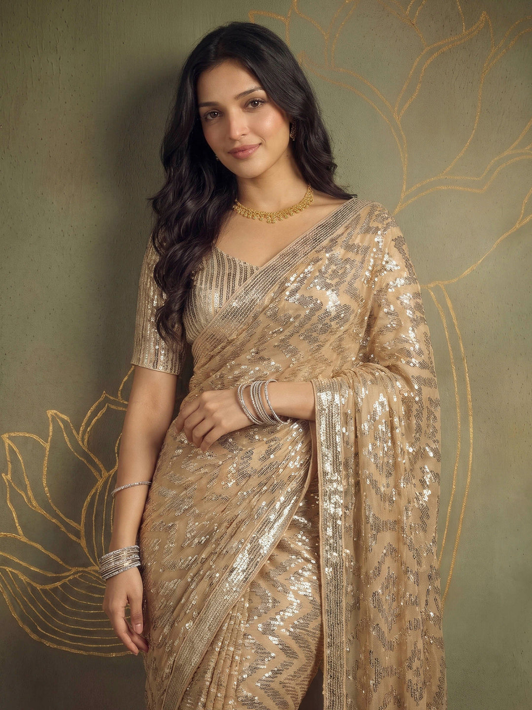 Beige Georgette Embroidered