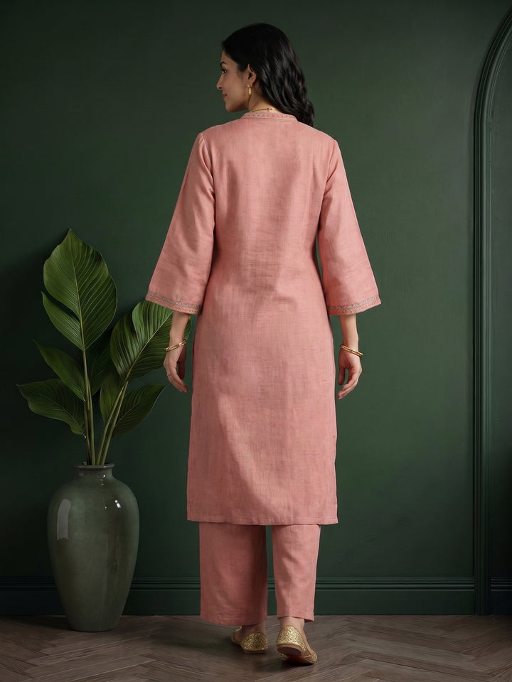 Dusty-Pink  Embroidered Linen Kurta Set