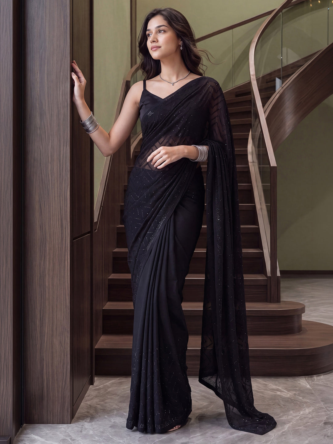 Black Satin Embroidered Saree