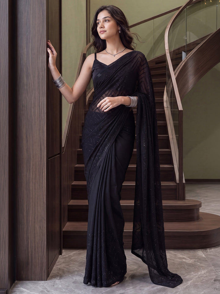 Black Satin Embroidered Saree