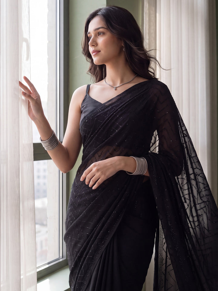 Black Satin Embroidered Saree