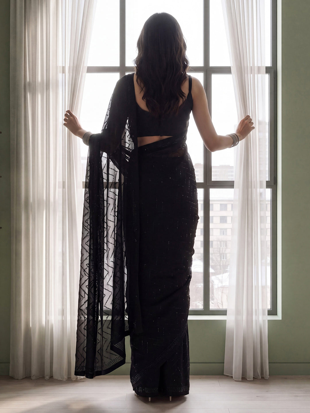 Black Satin Embroidered Saree