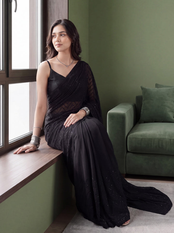 Black Satin Embroidered Saree