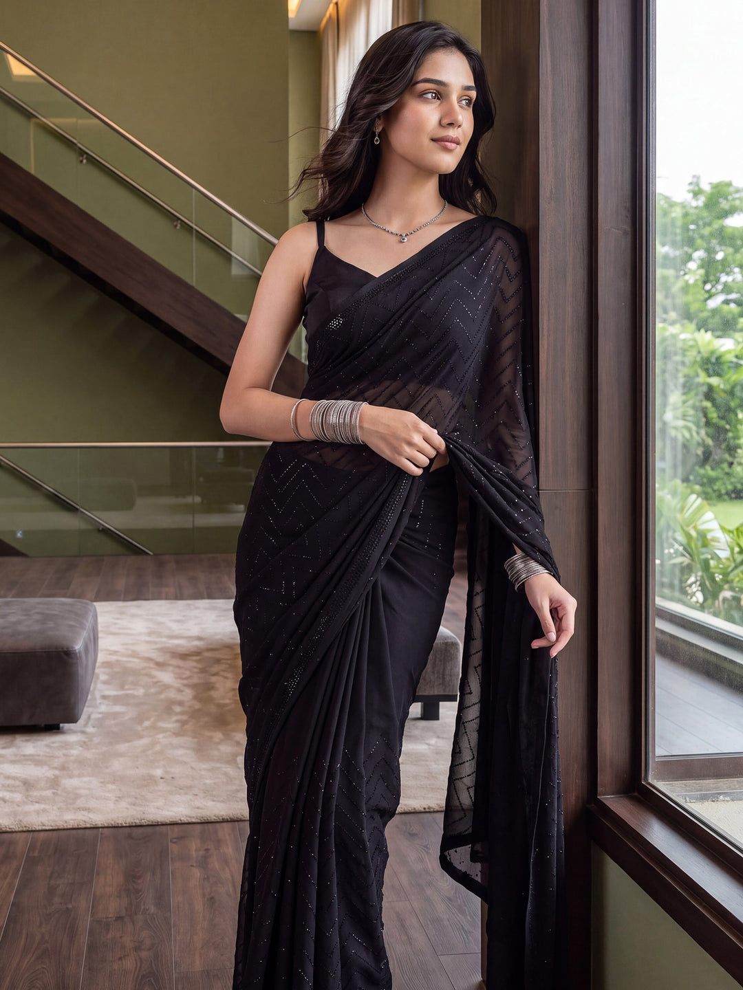 Black Satin Embroidered Saree