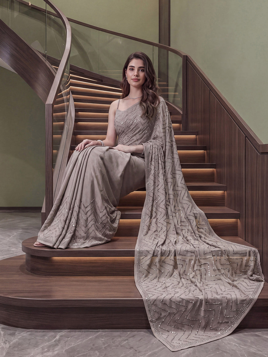 Mouse Satin Embroidered Saree