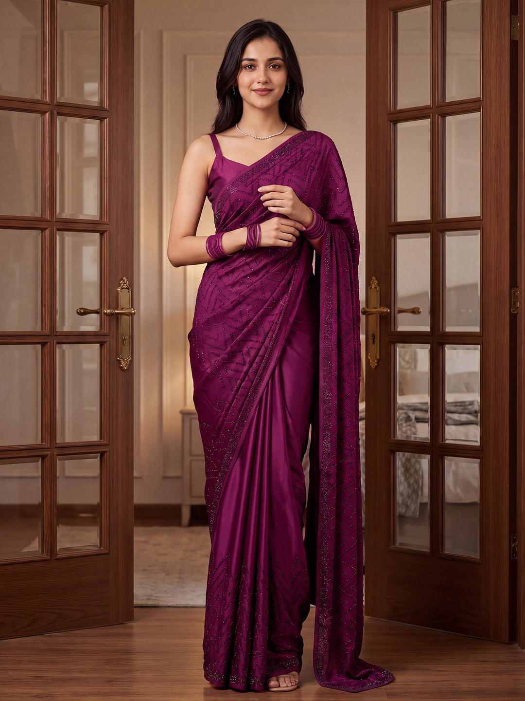 Wine Satin Embroidered Saree