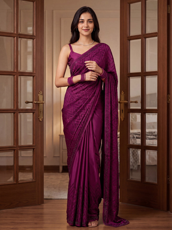 Wine Satin Embroidered Saree