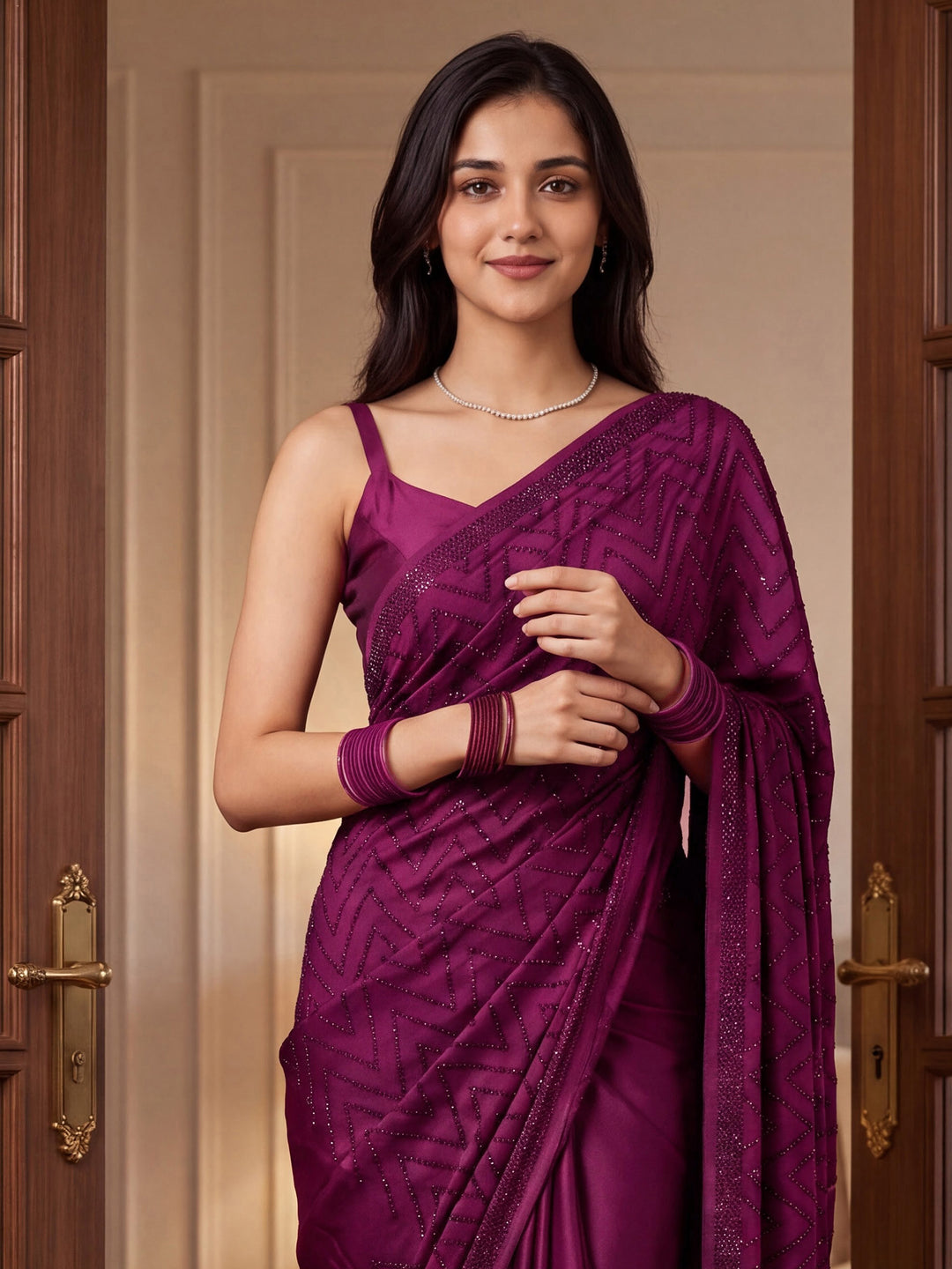 Wine Satin Embroidered Saree
