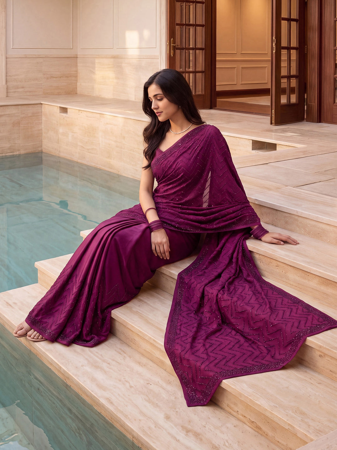 Wine Satin Embroidered Saree