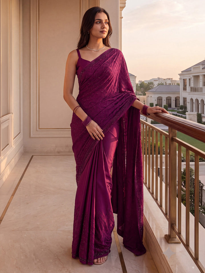Wine Satin Embroidered Saree