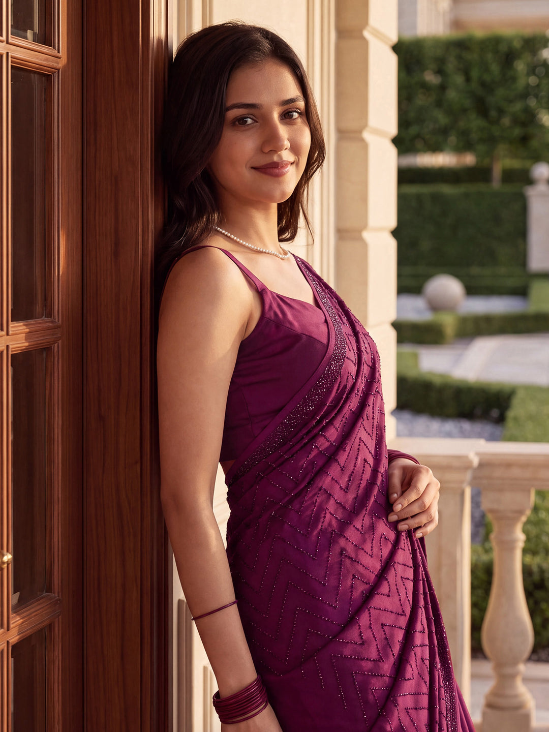 Wine Satin Embroidered Saree