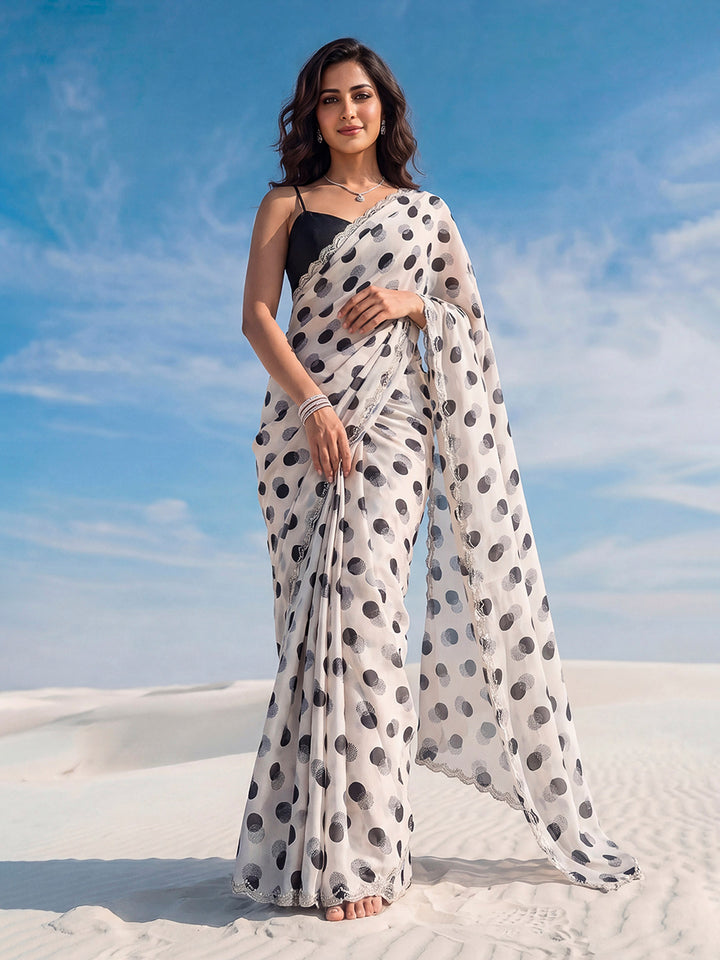 Cream With Black Polka Dot Printed Organza Saree