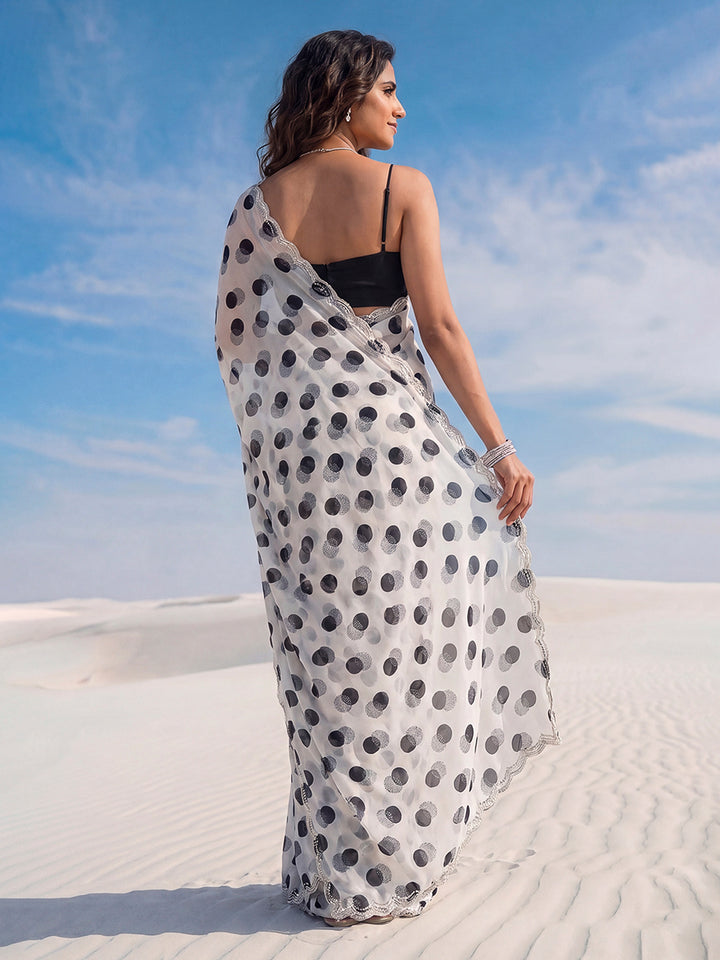 Cream With Black Polka Dot Printed Organza Saree