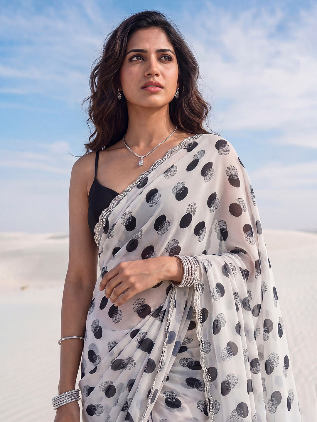 Cream With Black Polka Dot Printed Organza Saree