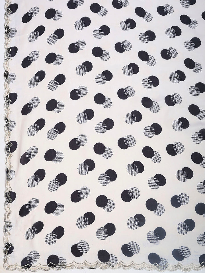 Cream With Black Polka Dot Printed Organza Saree