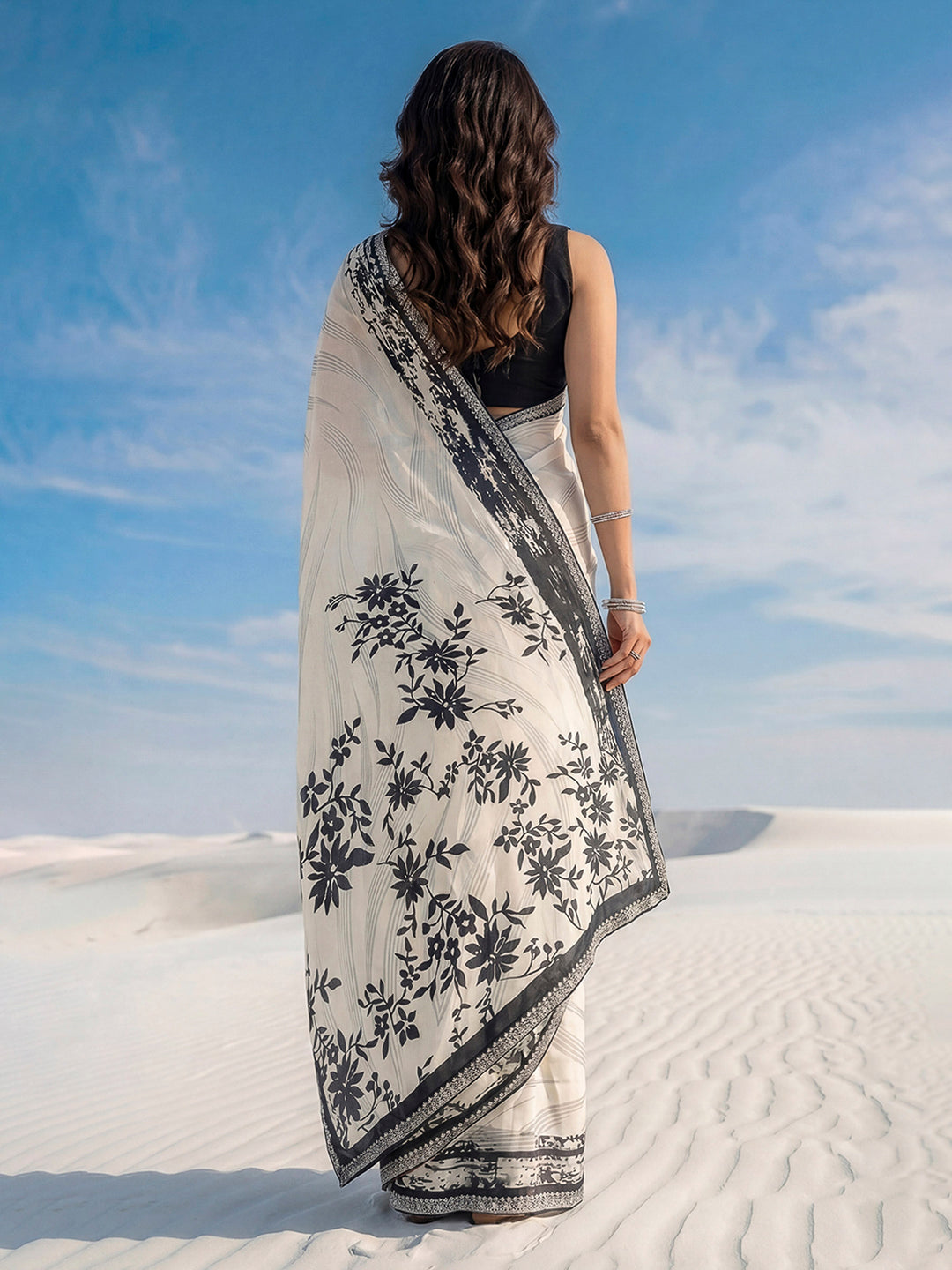 Cream Printed Satin Saree