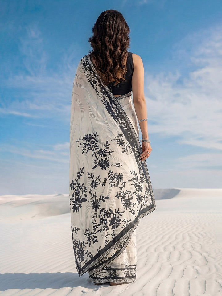 Cream Printed Satin Saree