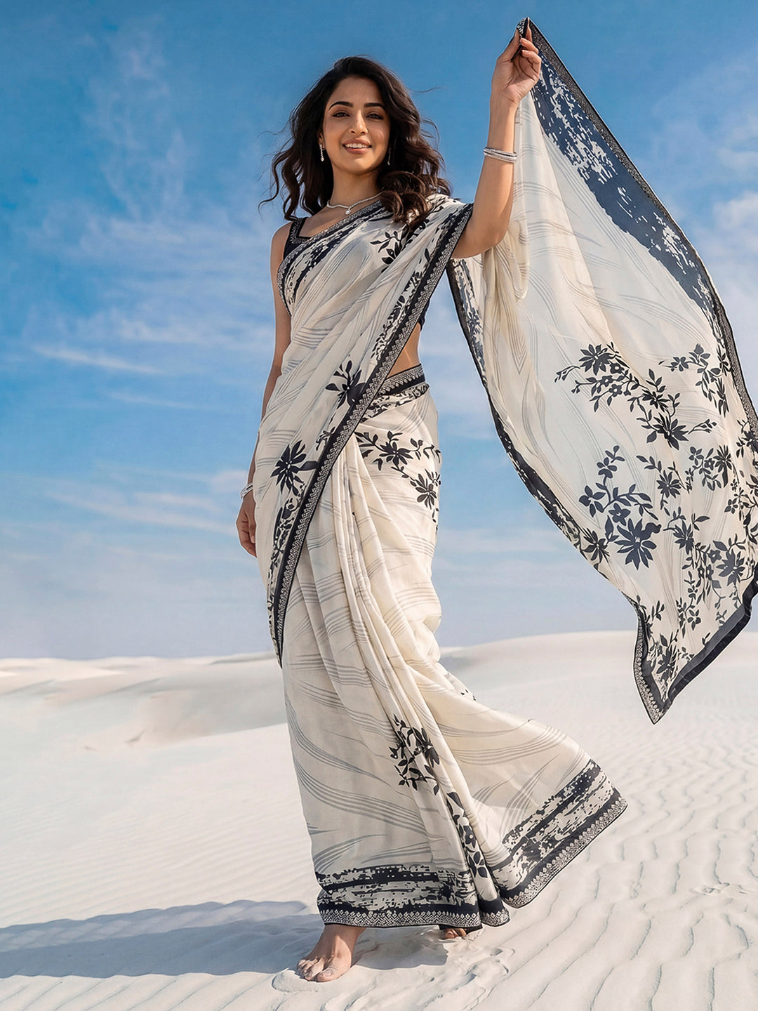Cream Printed Satin Saree