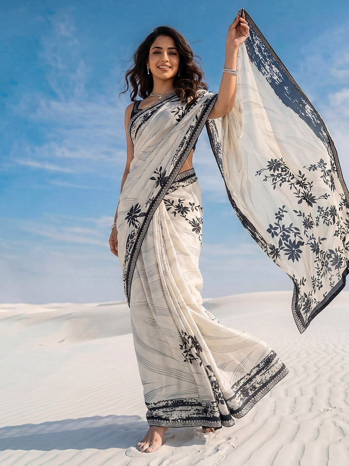 Cream Printed Satin Saree