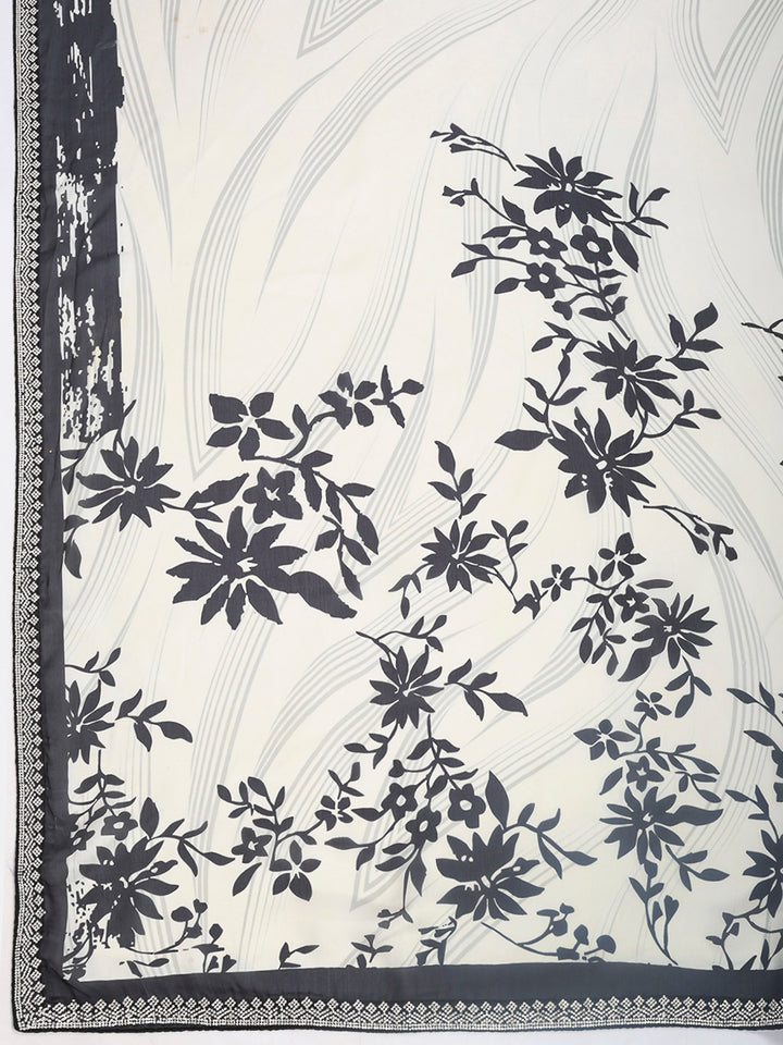 Cream Printed Satin Saree