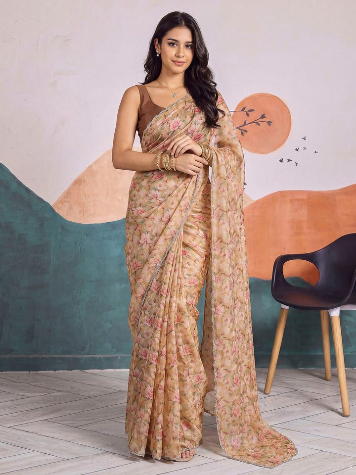 Mustard Organza Printed Saree