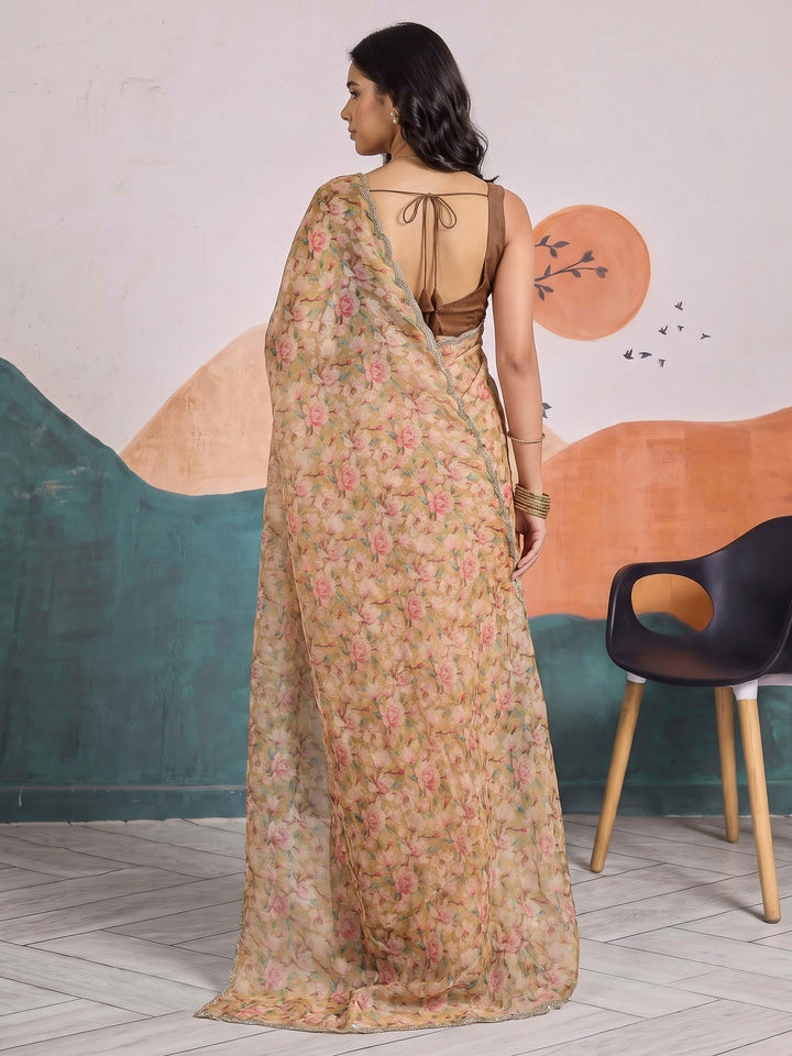 Mustard Organza Printed Saree