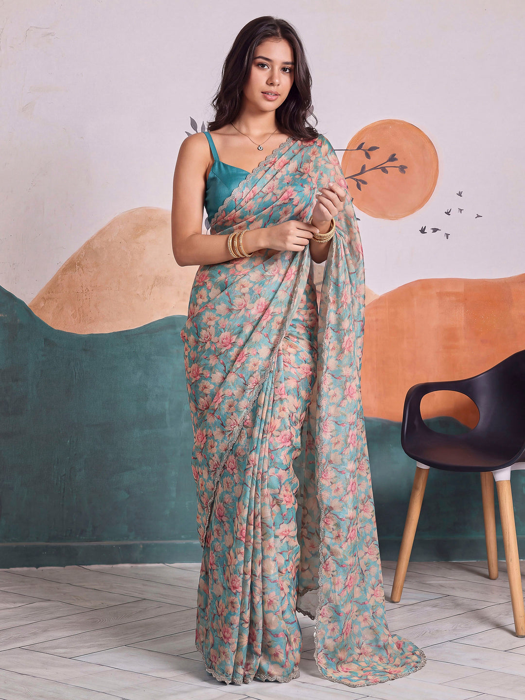 Sea-Green Organza Printed Saree
